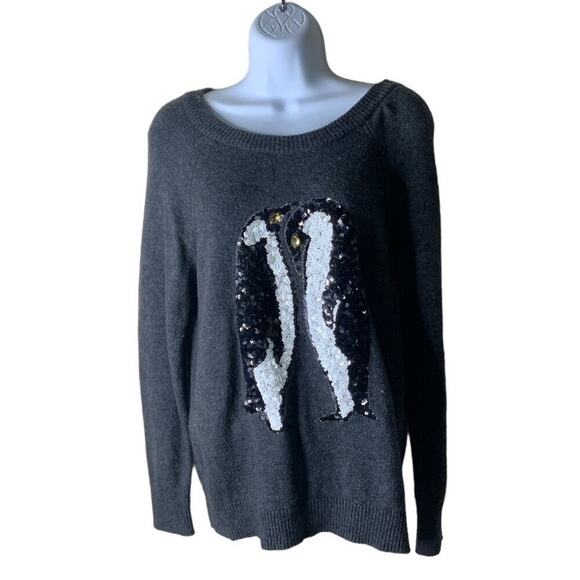 H&M Penguin Graphic  Sequin Sweater Womens Size Small Crew Neck Long Sleeve Gray - Picture 3 of 8